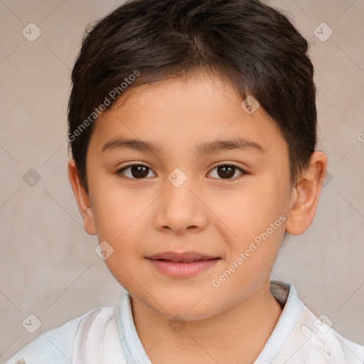 Joyful white child female with short  brown hair and brown eyes