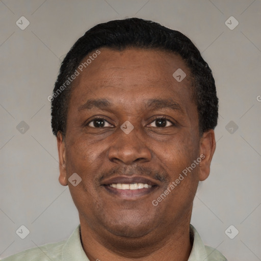 Joyful black adult male with short  black hair and brown eyes
