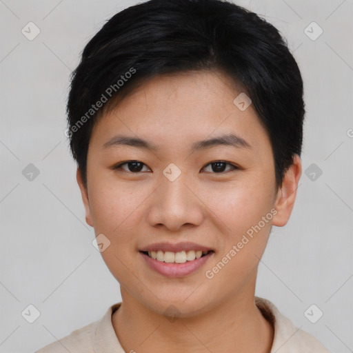 Joyful asian young-adult female with short  black hair and brown eyes