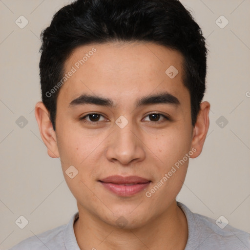 Joyful latino young-adult male with short  black hair and brown eyes