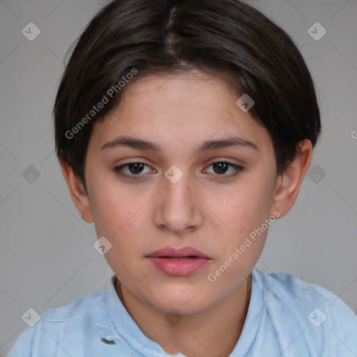 Neutral white young-adult female with medium  brown hair and brown eyes