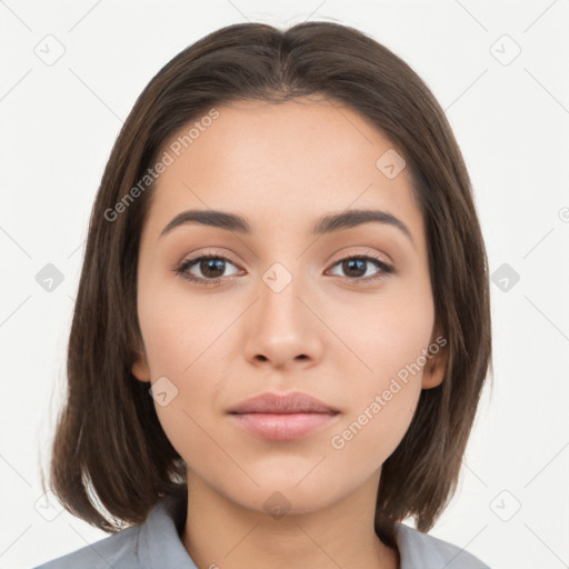 Neutral white young-adult female with medium  brown hair and brown eyes