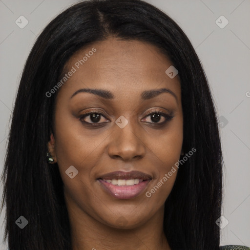 Joyful asian young-adult female with long  brown hair and brown eyes