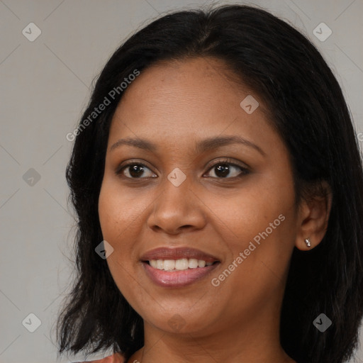 Joyful black young-adult female with medium  brown hair and brown eyes