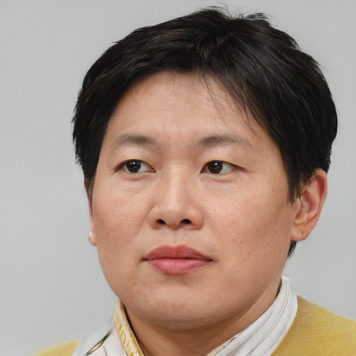 Neutral asian adult male with short  brown hair and brown eyes