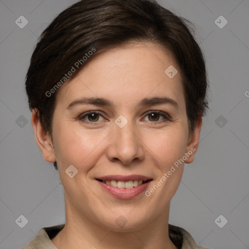 Joyful white young-adult female with medium  brown hair and brown eyes