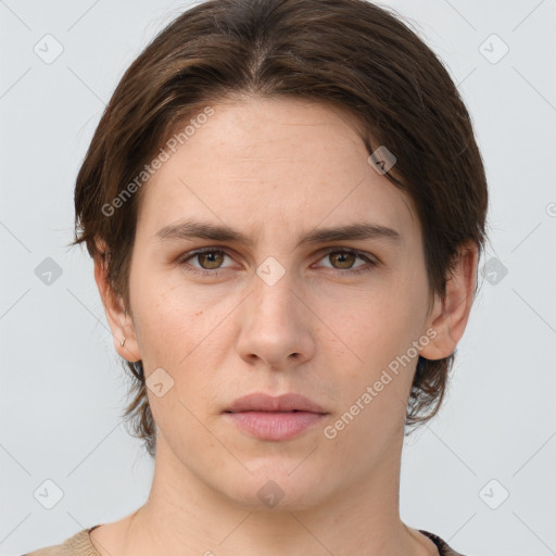 Neutral white young-adult female with short  brown hair and brown eyes