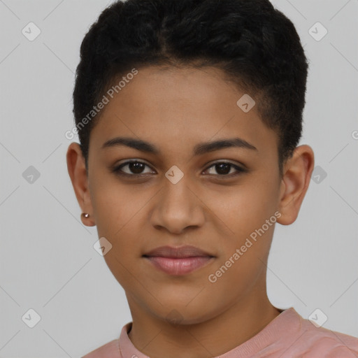 Joyful latino young-adult female with short  brown hair and brown eyes