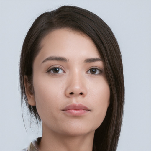 Neutral asian young-adult female with medium  brown hair and brown eyes