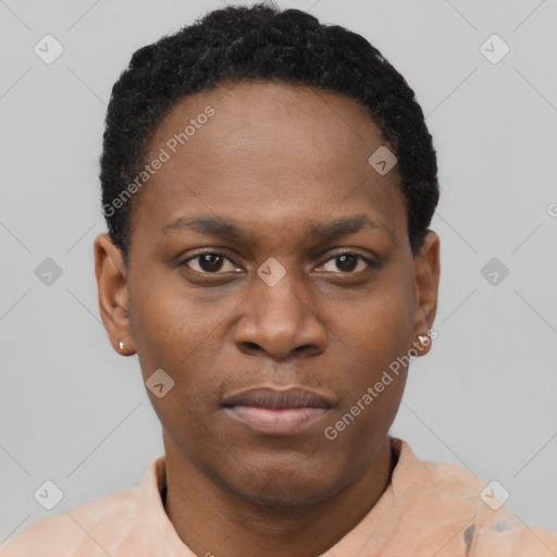 Neutral black young-adult female with short  black hair and brown eyes