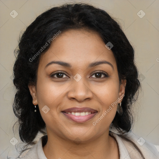 Joyful black young-adult female with medium  brown hair and brown eyes