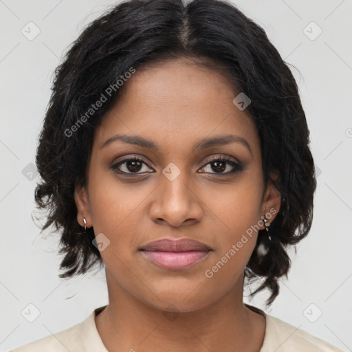 Joyful black young-adult female with medium  brown hair and brown eyes