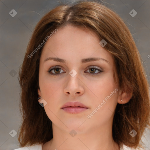 Neutral white young-adult female with medium  brown hair and brown eyes