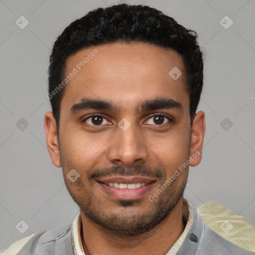 Joyful latino young-adult male with short  brown hair and brown eyes