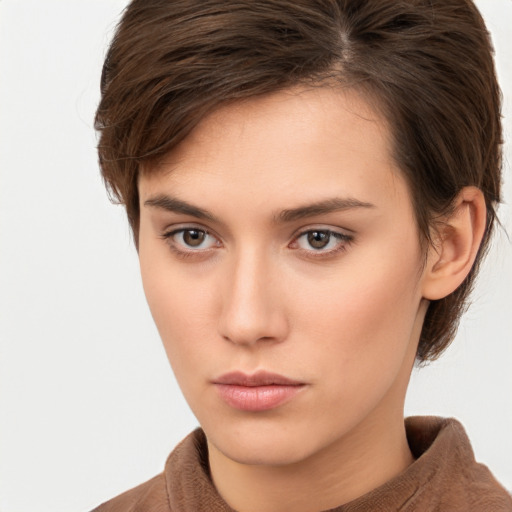 Neutral white young-adult female with short  brown hair and brown eyes