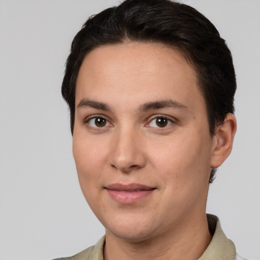 Joyful white young-adult female with short  brown hair and brown eyes