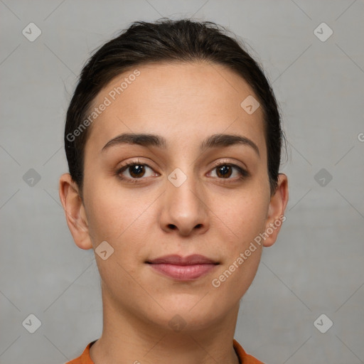 Neutral white young-adult female with short  brown hair and brown eyes