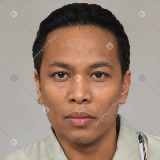 Neutral asian young-adult male with short  black hair and brown eyes