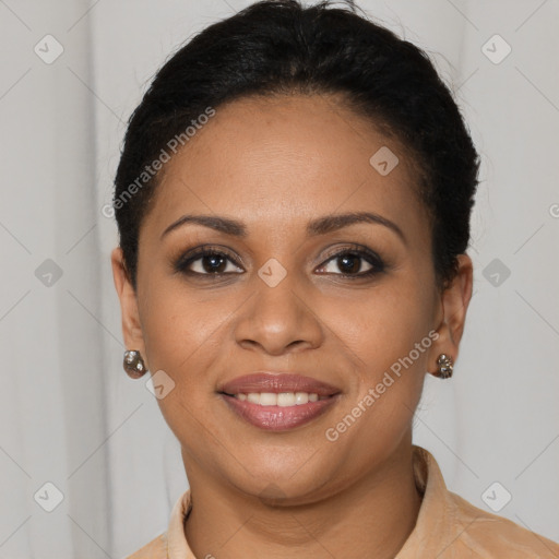 Joyful black young-adult female with short  brown hair and brown eyes