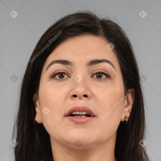 Joyful white young-adult female with medium  brown hair and brown eyes