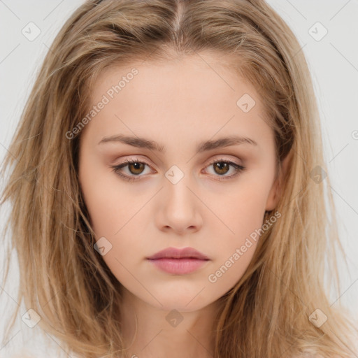 Neutral white young-adult female with long  brown hair and brown eyes