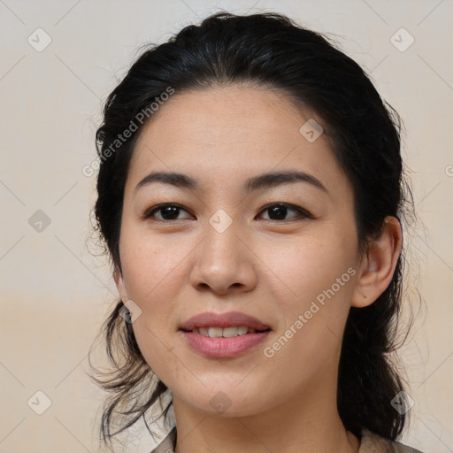 Joyful asian young-adult female with medium  brown hair and brown eyes