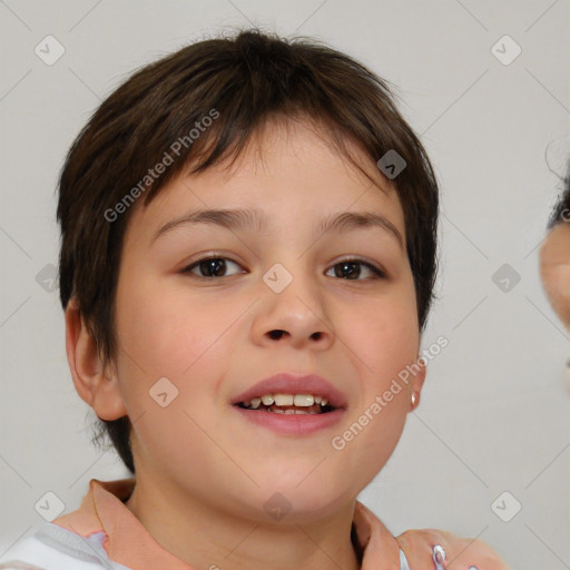 Joyful white child female with medium  brown hair and brown eyes