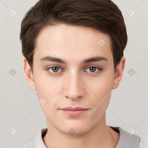 Neutral white young-adult male with short  brown hair and brown eyes