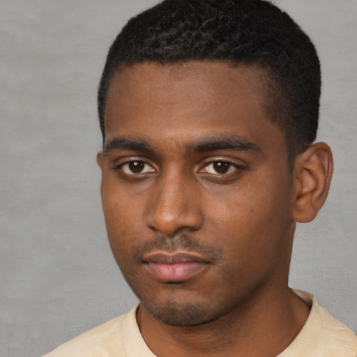 Neutral black young-adult male with short  black hair and brown eyes