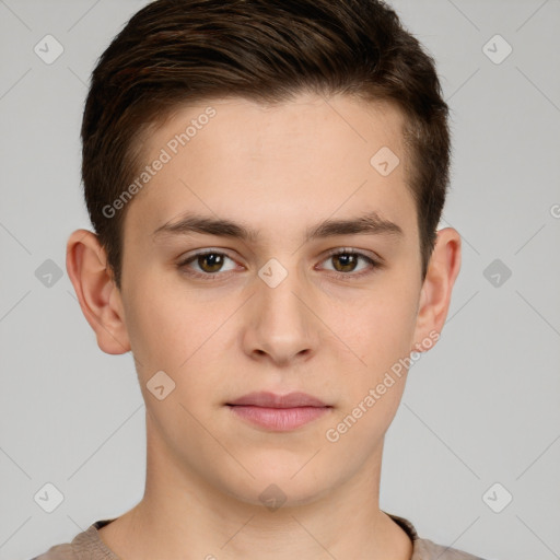 Neutral white young-adult male with short  brown hair and brown eyes