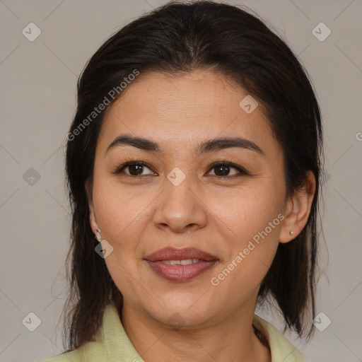 Joyful white young-adult female with medium  brown hair and brown eyes