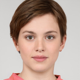 Neutral white young-adult female with short  brown hair and brown eyes