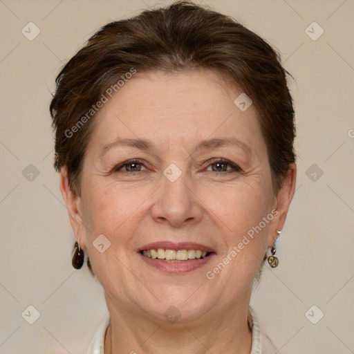 Joyful white adult female with short  brown hair and brown eyes