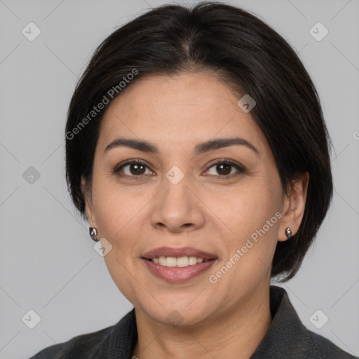 Joyful white adult female with medium  brown hair and brown eyes