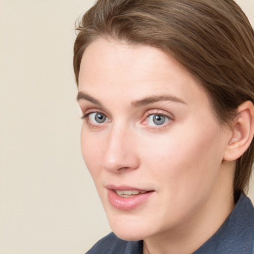 Neutral white young-adult female with medium  brown hair and grey eyes