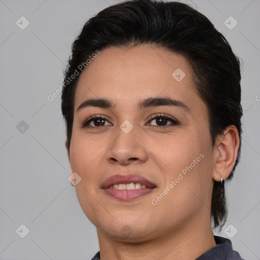 Joyful white young-adult female with medium  brown hair and brown eyes