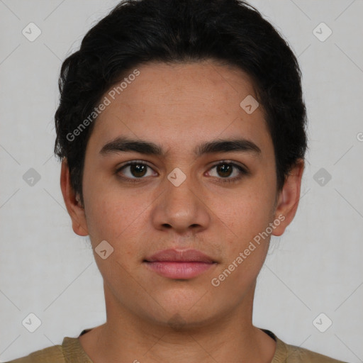 Neutral latino young-adult male with short  brown hair and brown eyes