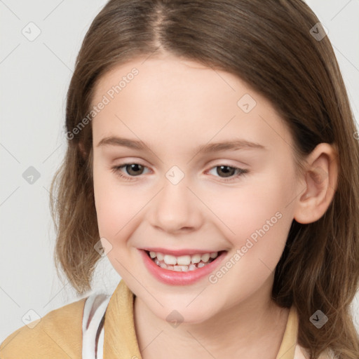 Joyful white child female with medium  brown hair and brown eyes