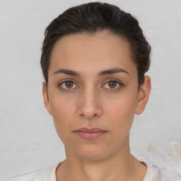 Neutral white young-adult female with short  brown hair and brown eyes