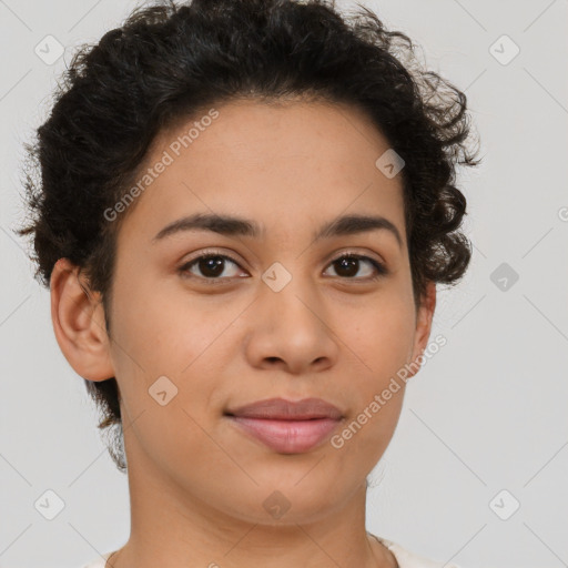 Joyful latino young-adult female with short  brown hair and brown eyes