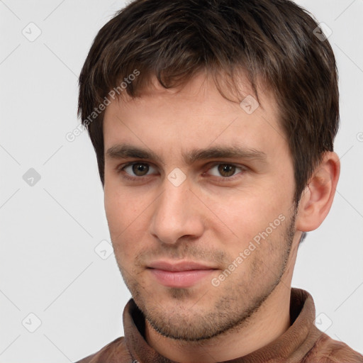 Neutral white young-adult male with short  brown hair and brown eyes