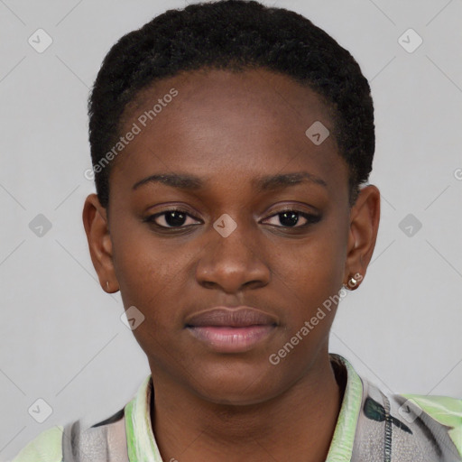 Neutral black young-adult female with short  black hair and brown eyes