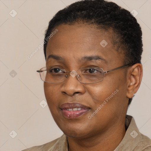 Joyful black adult female with short  brown hair and brown eyes