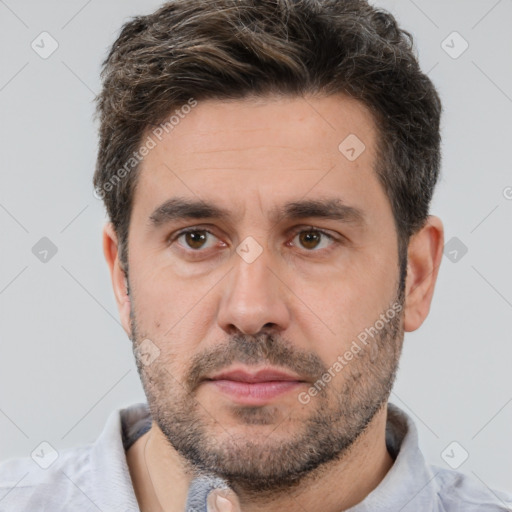 Neutral white adult male with short  brown hair and brown eyes