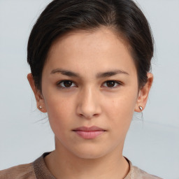 Neutral white young-adult female with short  brown hair and brown eyes