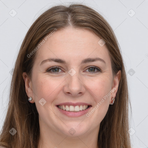 Joyful white young-adult female with long  brown hair and grey eyes