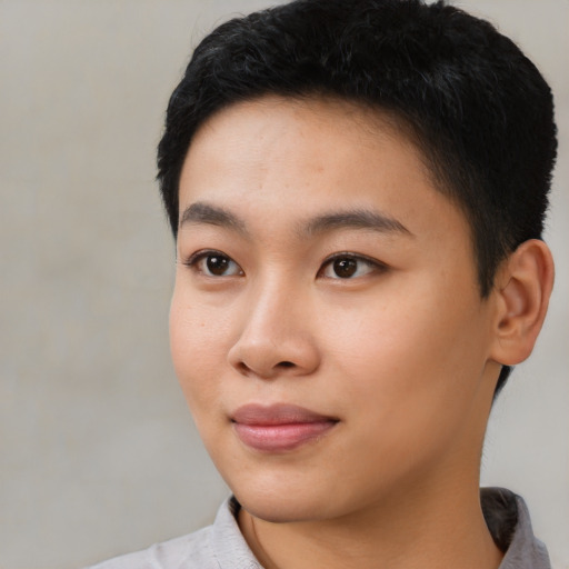 Neutral asian young-adult female with short  black hair and brown eyes