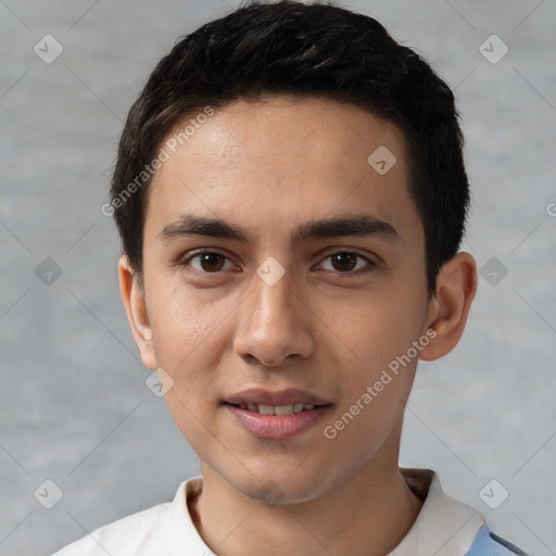 Joyful white young-adult male with short  black hair and brown eyes