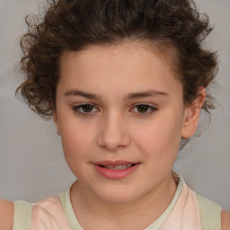 Joyful white child female with medium  brown hair and brown eyes