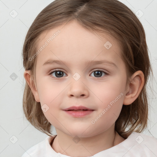 Neutral white child female with medium  brown hair and grey eyes